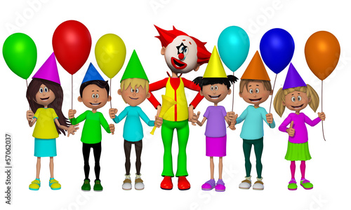 Group of 3d kids  celebrating party with Clown