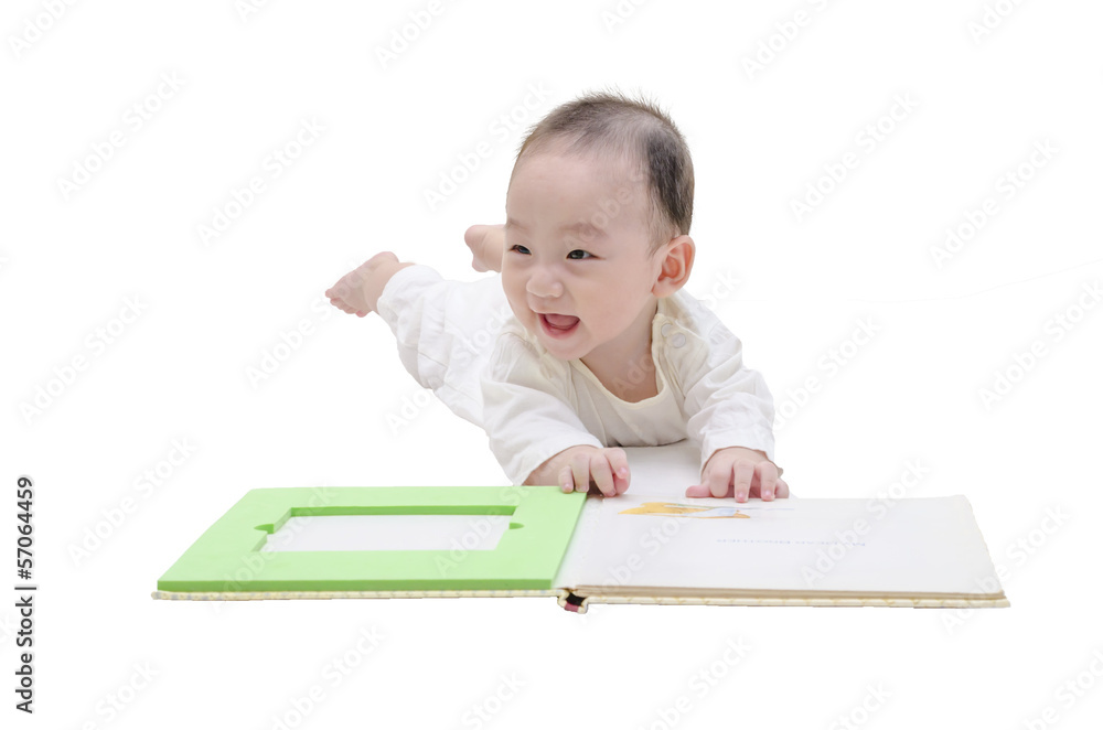 Cute baby reading a book on white background Cute baby reading a book on white background