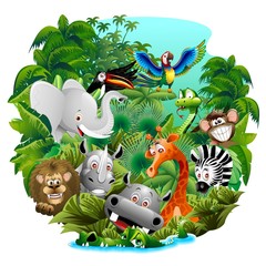 Wandcirkels Cartoons Wilde jungledieren vrolijke cartoon kinderkamer  © BluedarkArt
