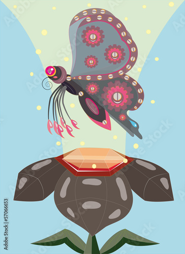 Mechanical butterfly and stone flower.