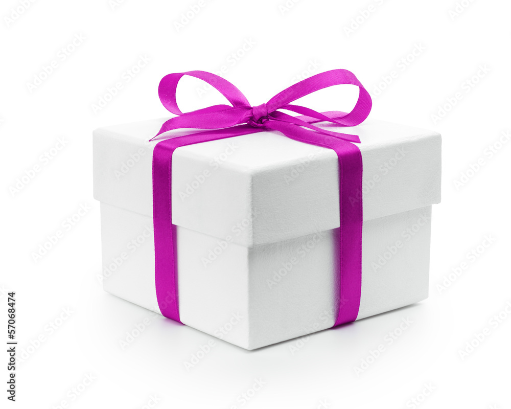 Obraz premium white textured gift box with purple ribbon bow