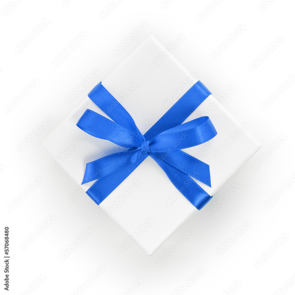 white textured gift box with blue ribbon bow white textured gift box with blue ribbon bow