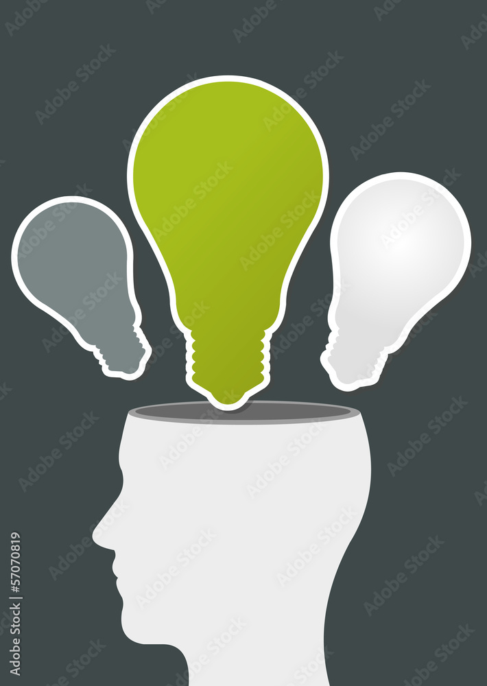 Green template of a human head with light bulb ideas Green template of a human head with light bulb ideas