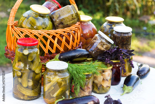 Home canning, canned vegetables outdoors