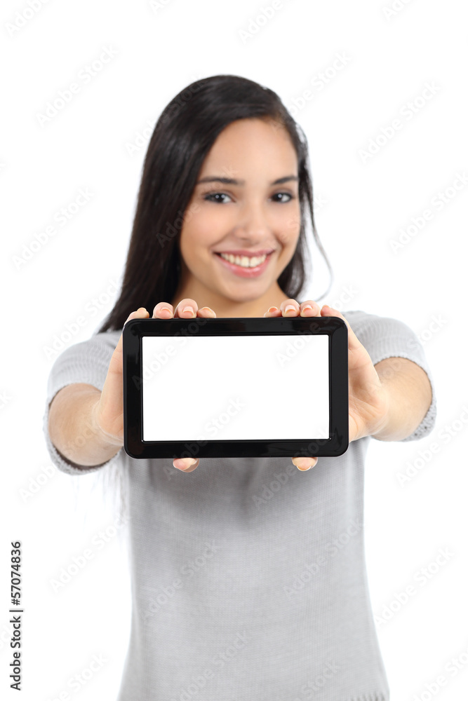 Pretty woman showing a blank horizontal tablet screen isolated