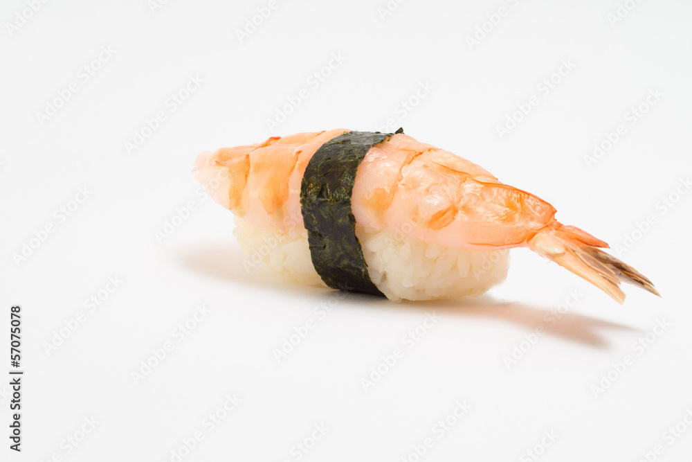 Shrimp sushi nigiri with nori on white background Shrimp sushi nigiri with nori on white background