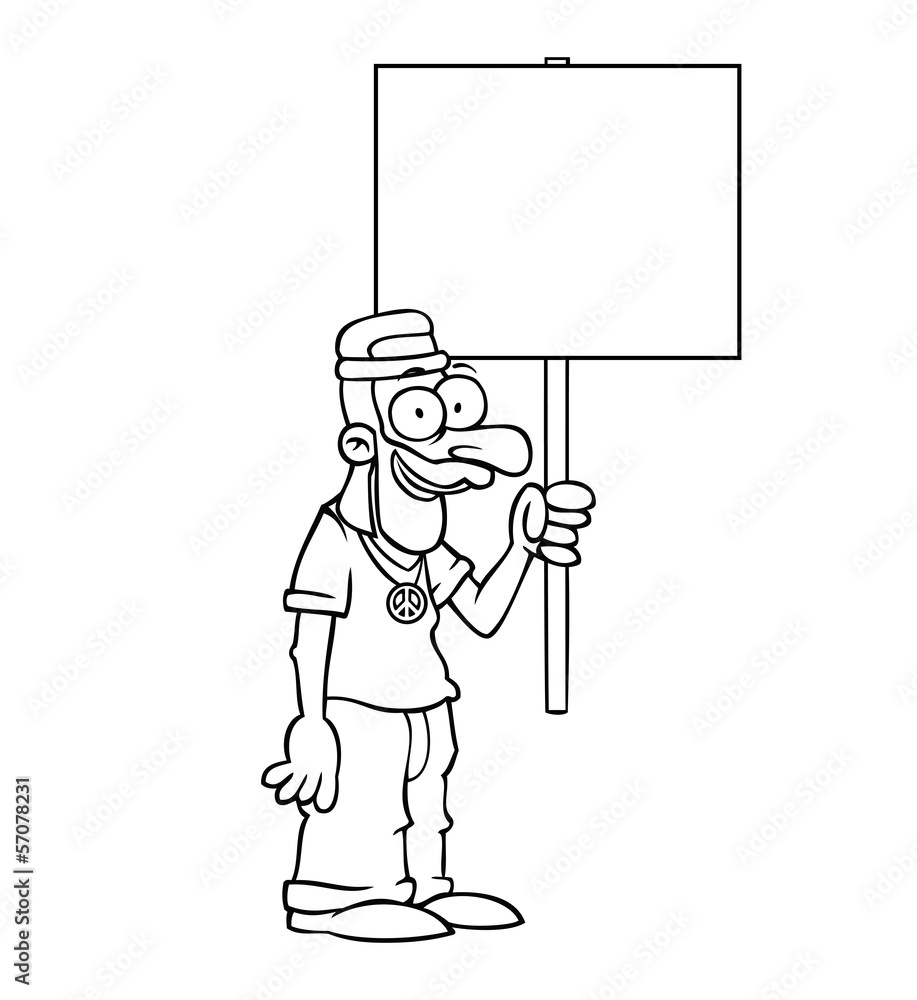 Black and white happy hippie holding an empty protest sign. Black and white happy hippie holding an empty protest sign.