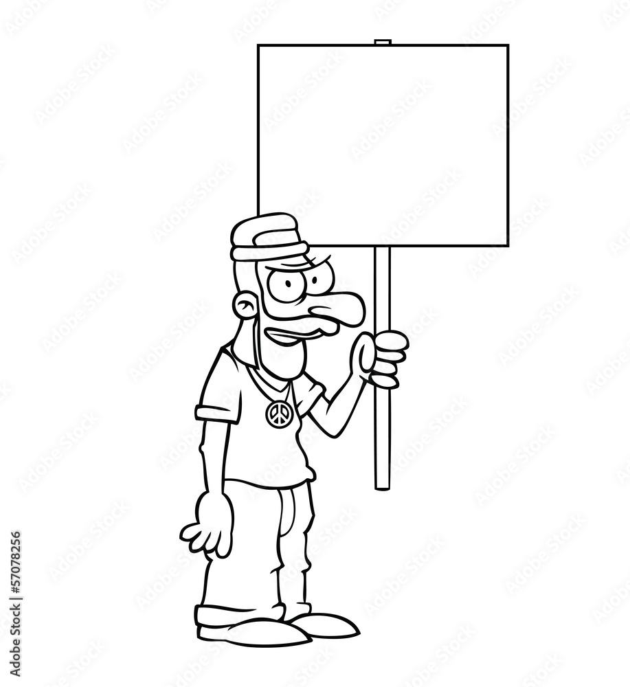 Black and white angry hippie holding an empty protest sign. Black and white angry hippie holding an empty protest sign.