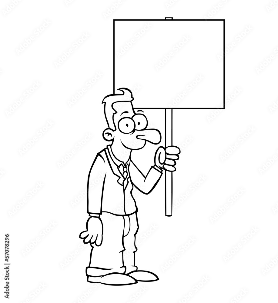 Black and white happy business man holding empty protest sign.