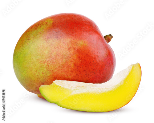 Ripe mango fruit and slice isolated on white with clipping path
