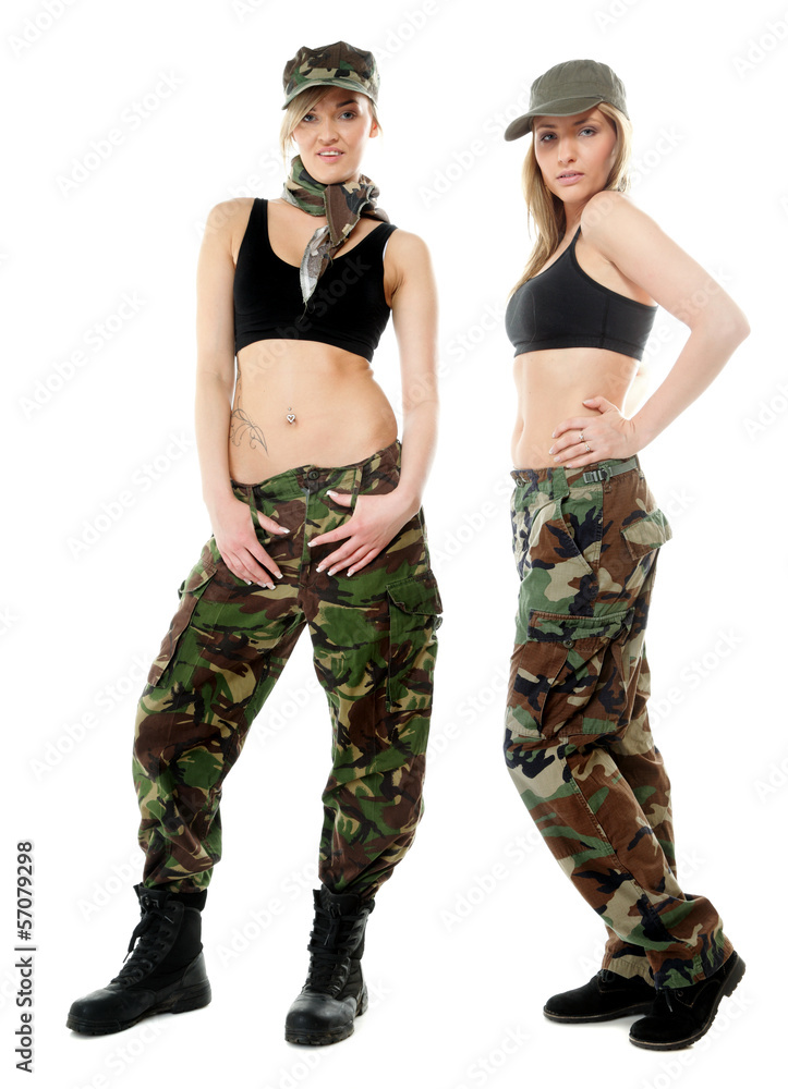 Fototapeta premium Two women in military clothes, army girls
