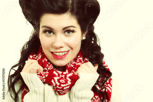 woman retro hairstyle warm clothing winter fashion