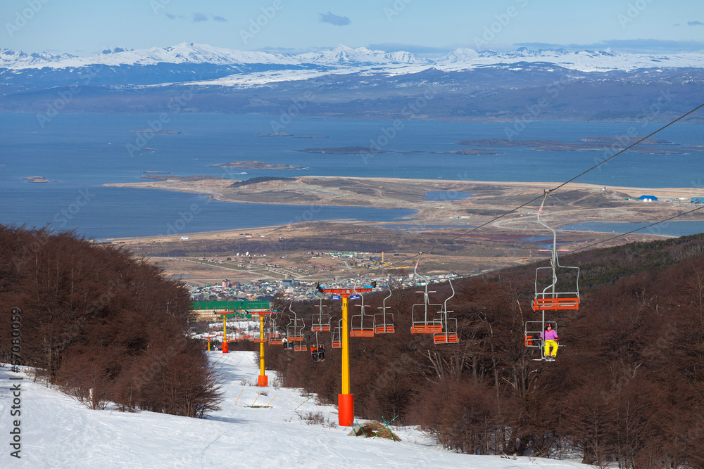 Ski lift in Ushuaia, Tierra del Fuego.  Ushuaia, southernmost ci