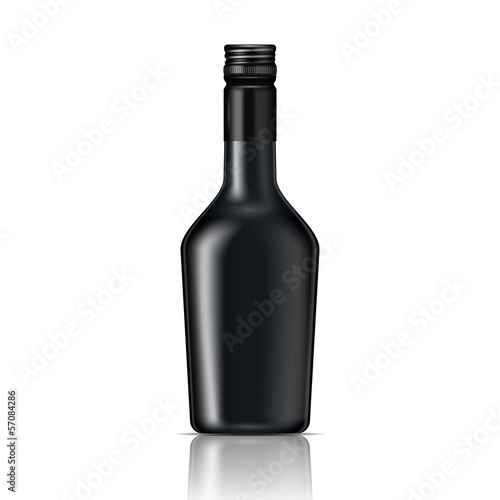 Black glass liqueur bottle with screw cap.