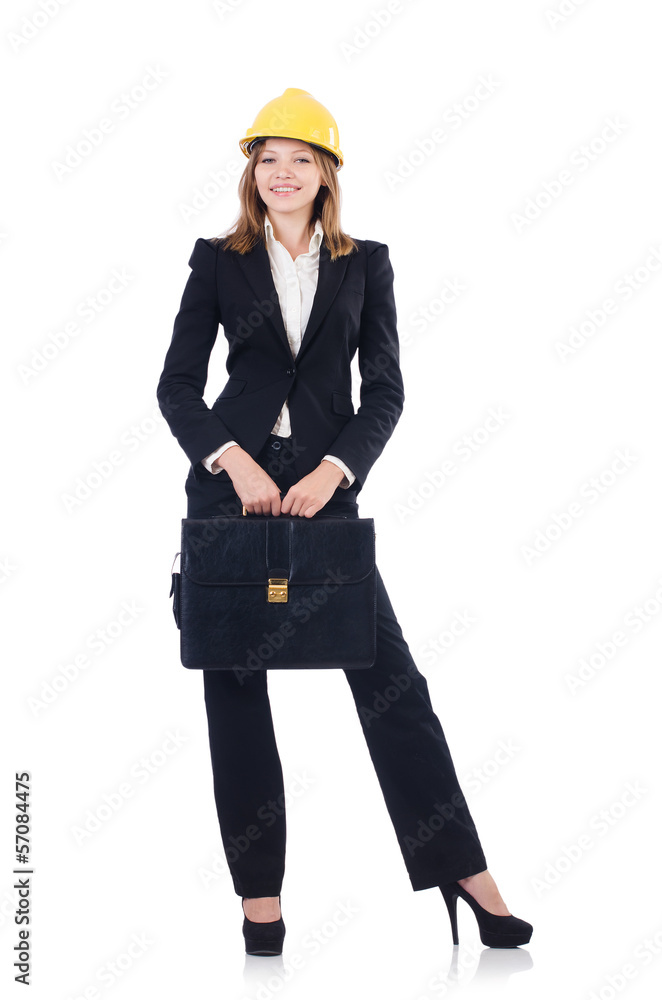 Young businesswoman with hard hat on white Young businesswoman with hard hat on white