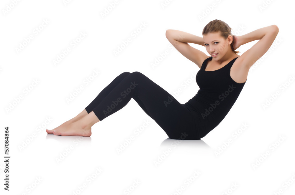 Young woman doing exercises on white