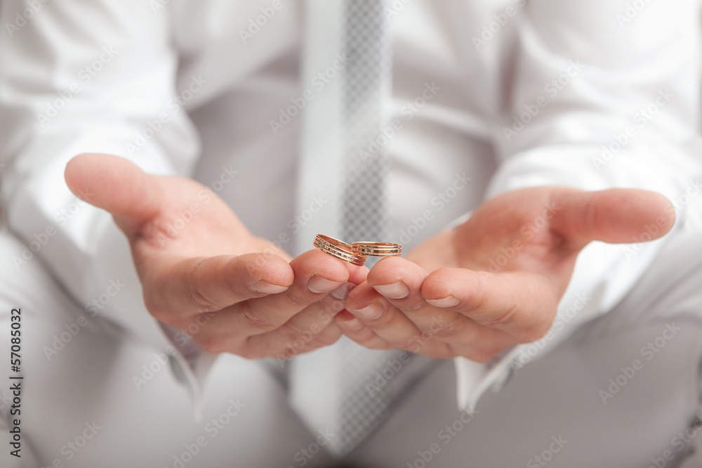 Gold wedding rings on a hand of the groom