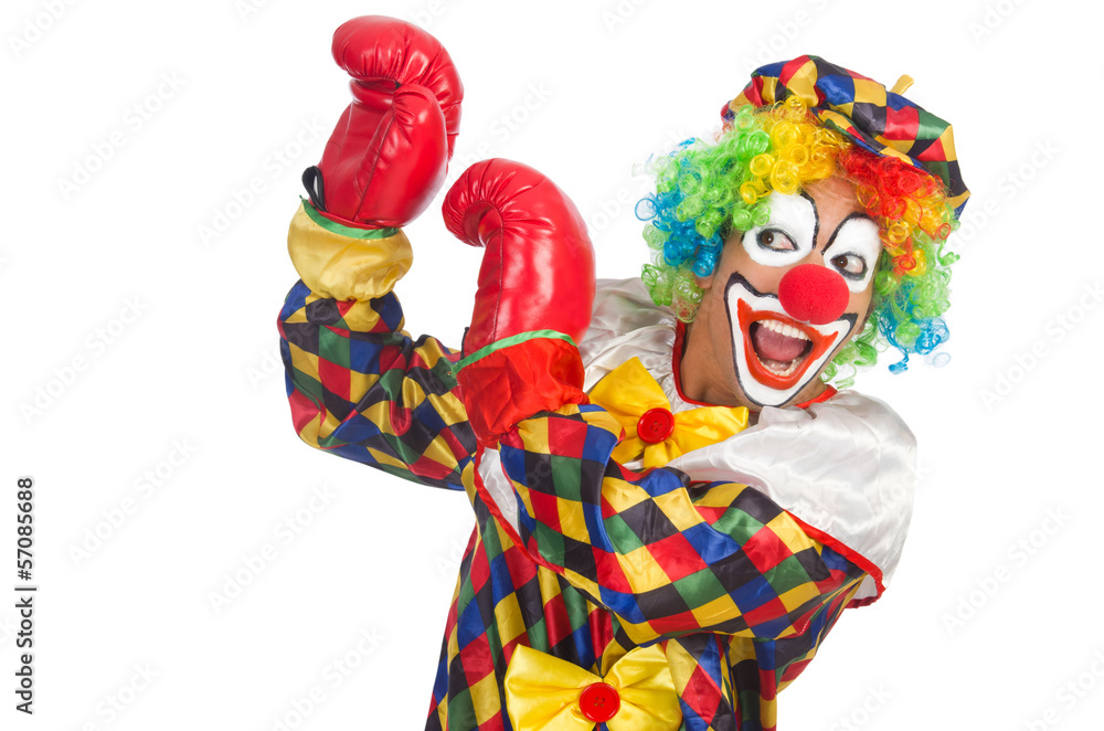 Clown with boxing gloves isolated on white Clown with boxing gloves isolated on white