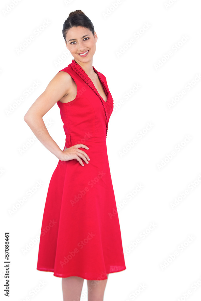 Happy elegant brunette in red dress posing Happy elegant brunette in red dress posing