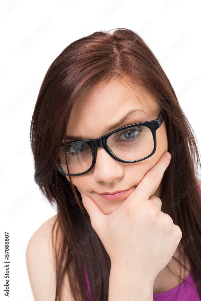 Close up on thinking brunette with glasses Close up on thinking brunette with glasses