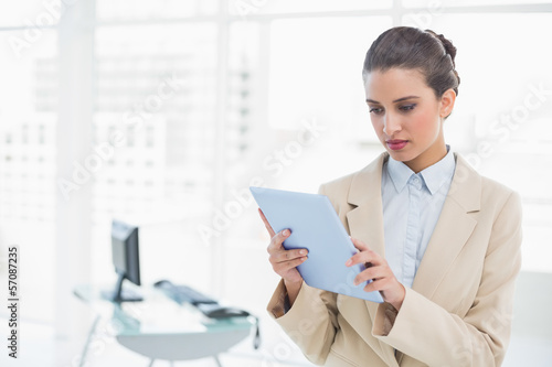 Stern smart brown haired businesswoman looking at a tablet pc