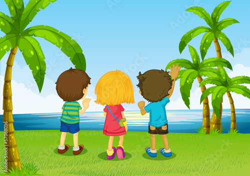 Three kids watching the river