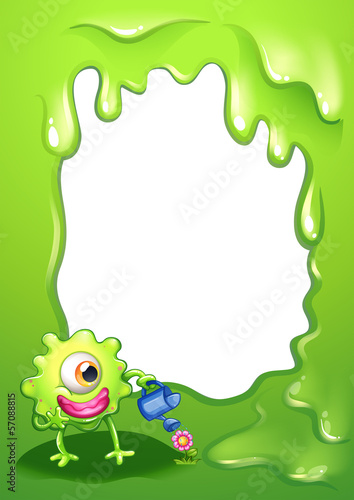 A border with a green monster watering a plant