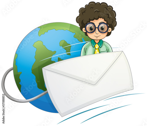 A globe with a curly hair businessman and an envelope