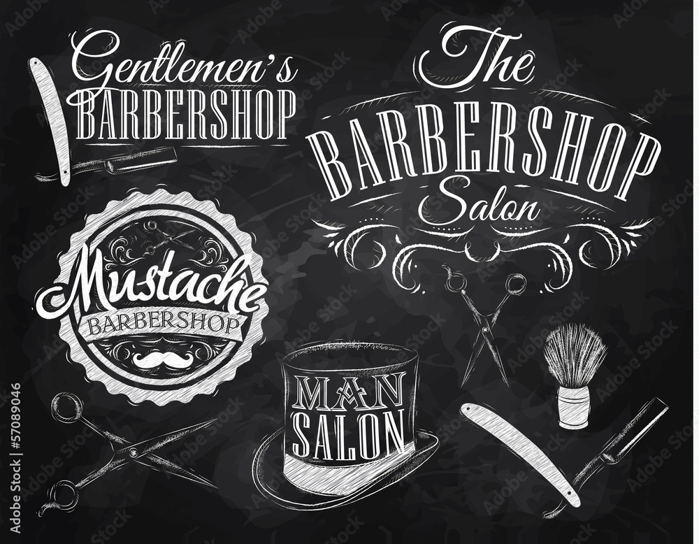 Obraz premium Zestaw Barbershop, nożyczki, pędzel do golenia, maszynka do golenia, cylinder, ar