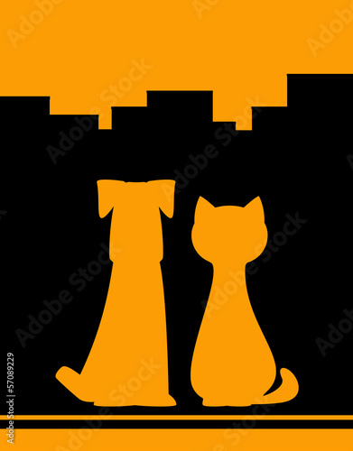 yellow urban background with dog and cat silhouette