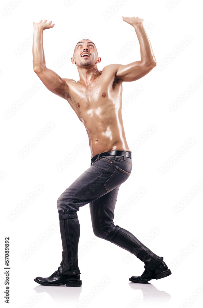Ripped man pushing away virtual obstacle Ripped man pushing away virtual obstacle