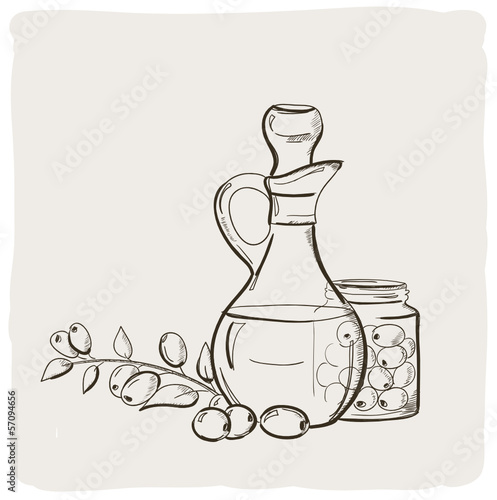 Sketch of branch with olives and a bottle of olive oil.