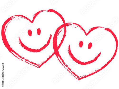 2 rote, ineinander verschlungene Smiley-Herzen, Vektor
