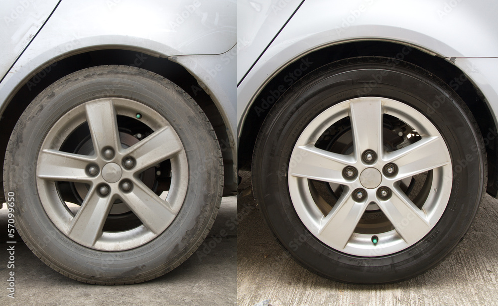 Naklejka premium Side-by-side view of car tires before and after washing, showing the effect of cleaning on dirt removal and wheel appearance.