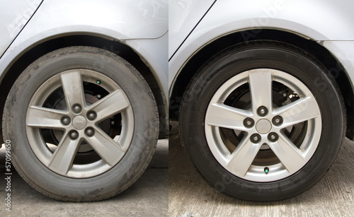 Clear the tire, The tires before washing are very dirty and after being washed thoroughly.