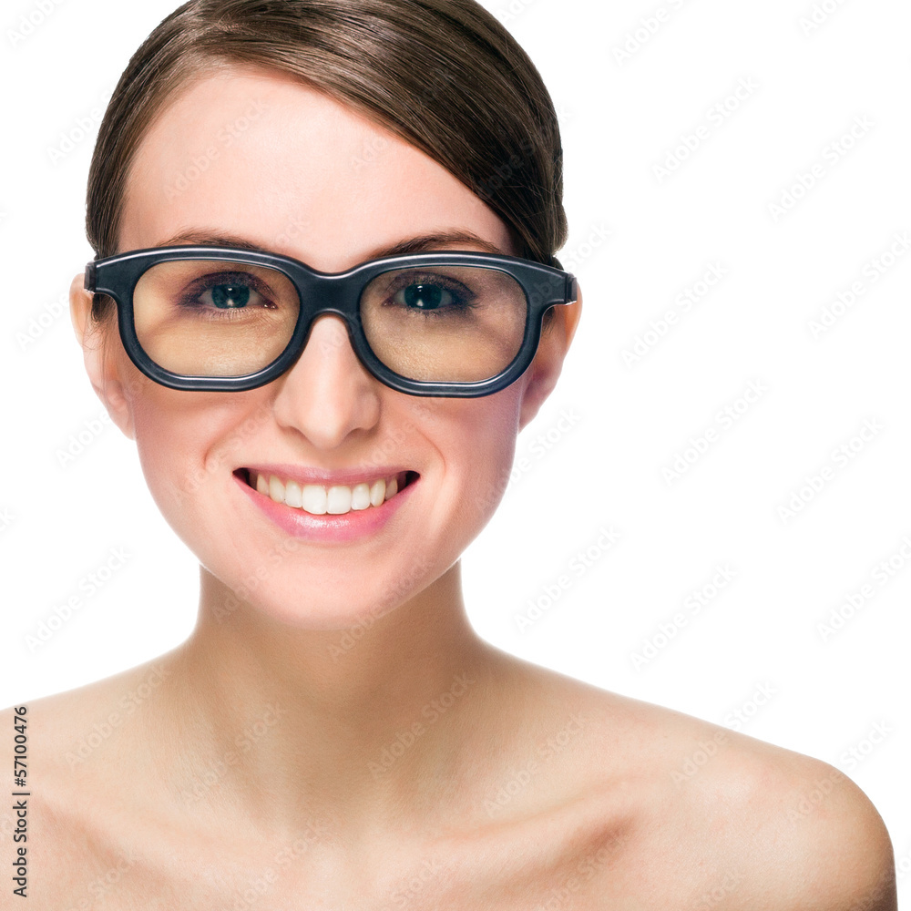 Beautiful smiling young woman wears glasses. Isolated on white b Beautiful smiling young woman wears glasses. Isolated on white b