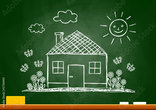 Drawing of house on blackboard