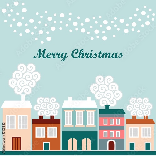 Cute christmas card with winter houses, snowflakes, vector