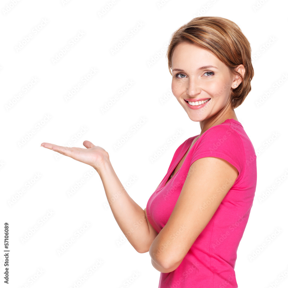 Portrait of adult happy woman with presentation gesture Portrait of adult happy woman with presentation gesture