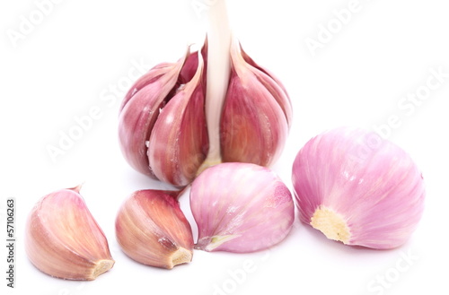 Fresh garlic and pink onions on white background