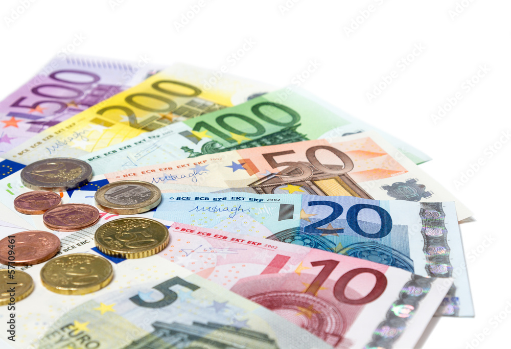 coins and banknotes euro on white - in perspective coins and banknotes euro on white - in perspective