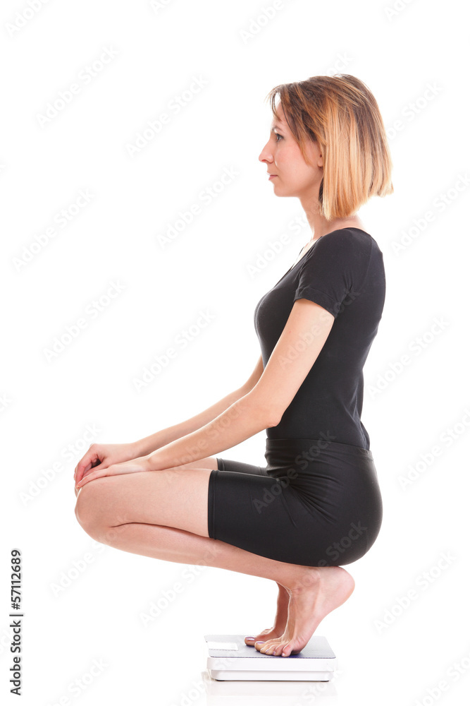 Caucasian young woman weight scale isolated white Caucasian young woman weight scale isolated white