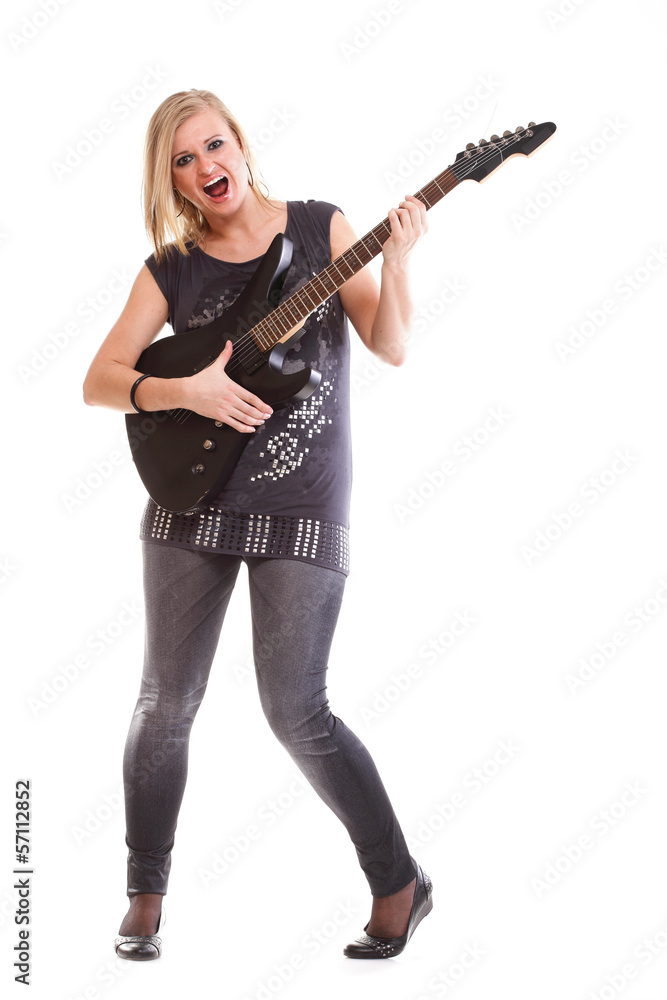 Woman with black guitar looking isolated