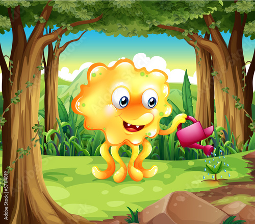 A monster watering the plant with a pink sprinkler