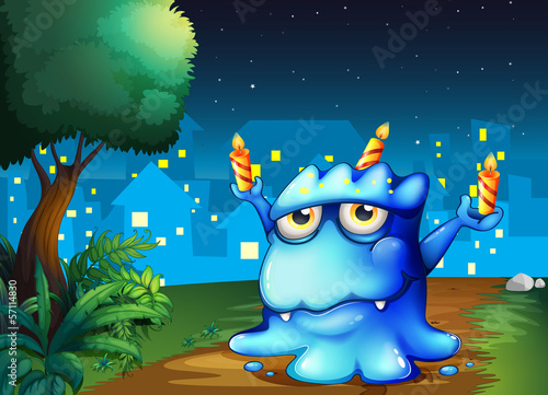 A monster balancing the candles while walking at the street