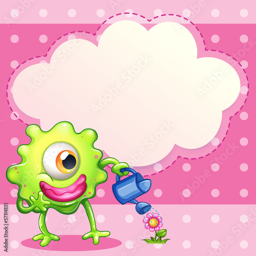 A green one-eyed monster watering the plant