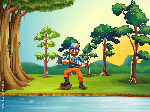 A lumberjack at the riverbank holding an axe
