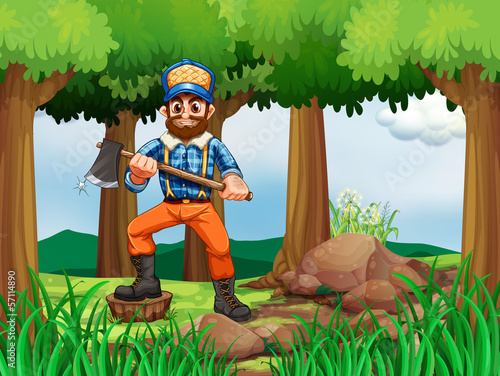 A forest with a woodman holding an axe