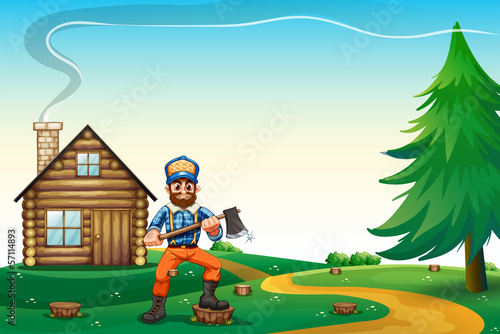 A hilltop with a native house and a lumberjack