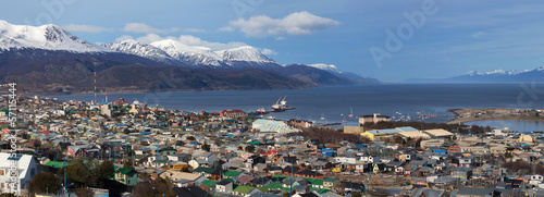 A view of Ushuaia, Tierra del Fuego. Boats line the harbor in Us